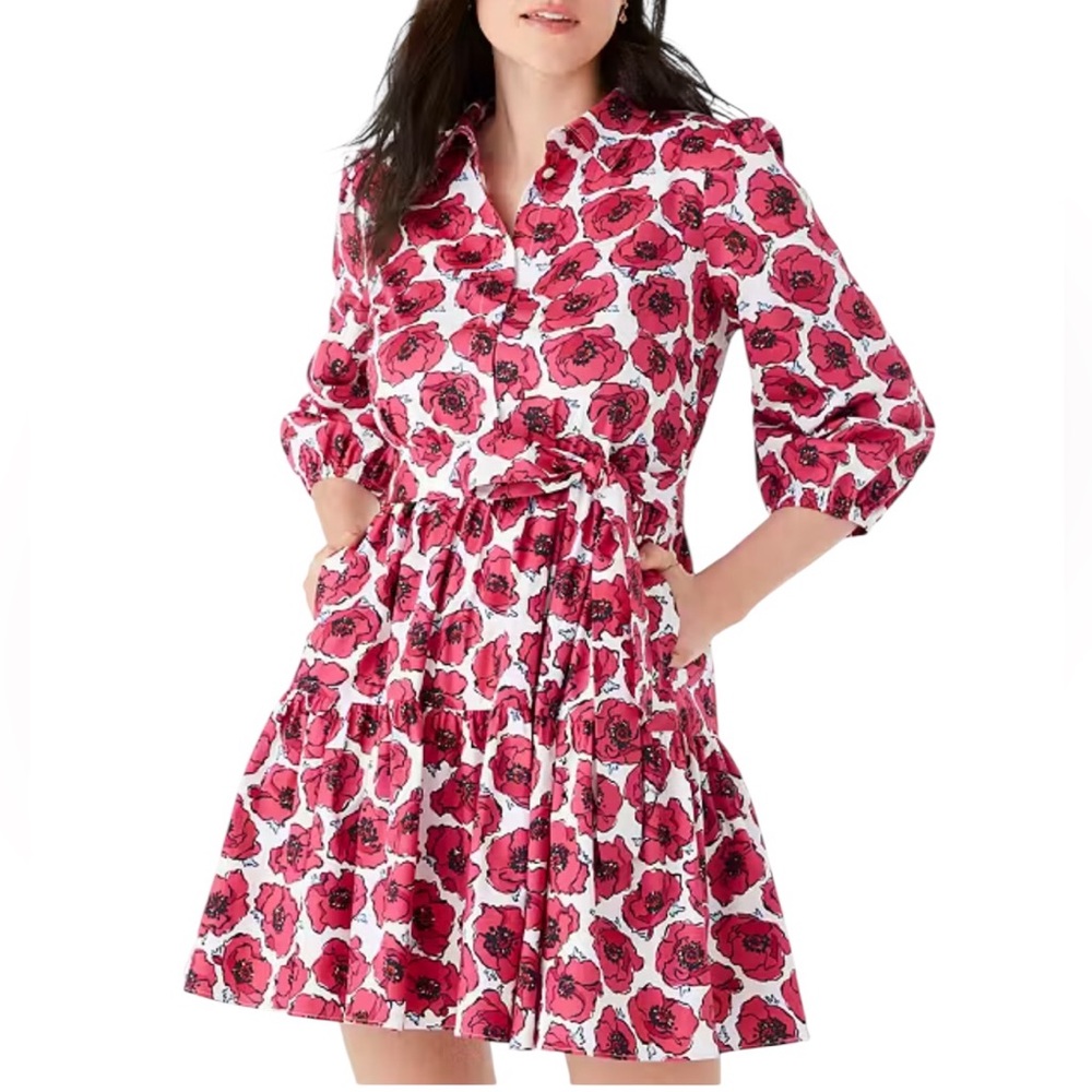Kate Spade Poppy‎ Toss Shirt Dress XS Red White Floral Cotton Fit Flare Belted